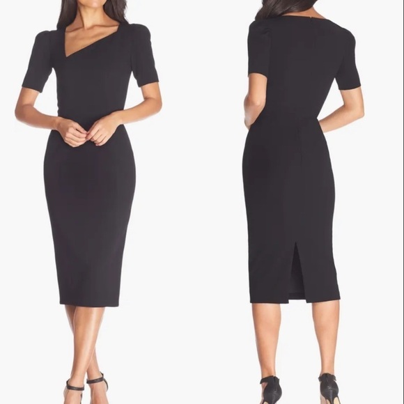 NWOT Dress the Population Ruth Short Sleeve Midi Black Sheath Dress XXS